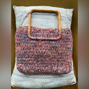 Handcrafted Multicolor felted wool and ribbon Satchel with Wooden Handle